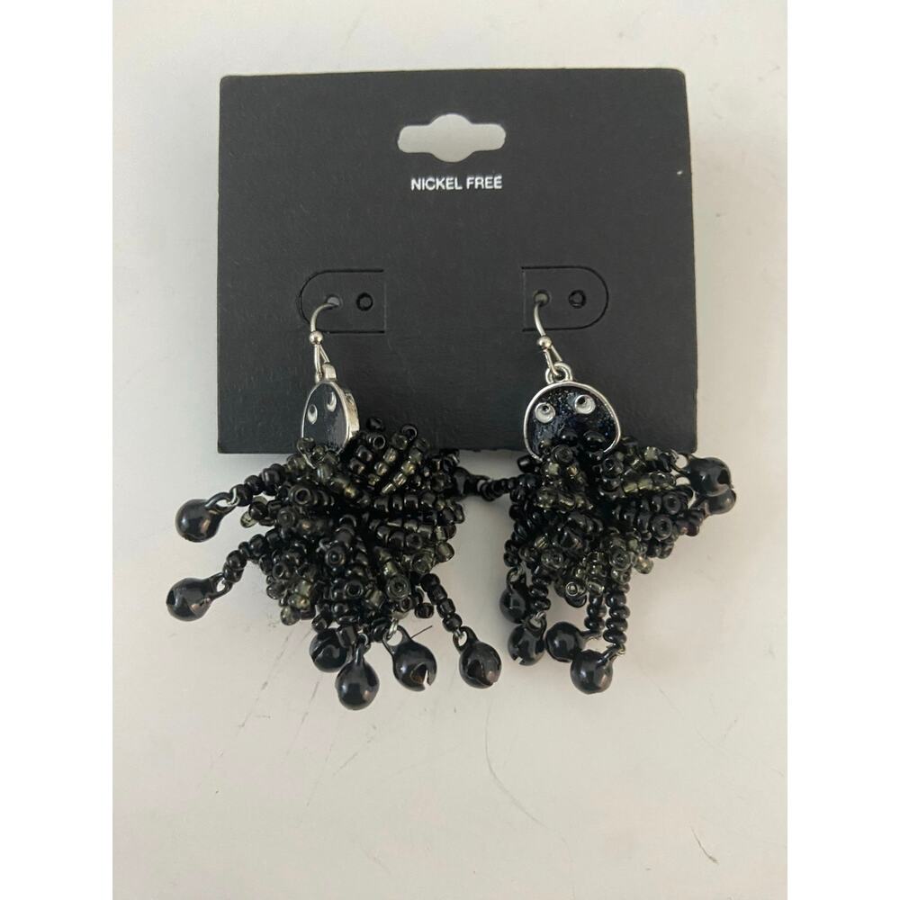 Elegant Black Beaded Spider Earrings - Goth Halloween Style